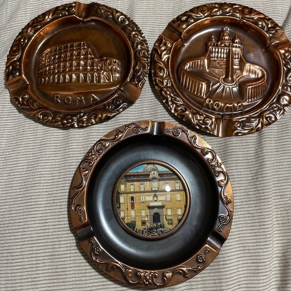 3 Souvenir Roma Vintage Embossed Copper Ashtrays